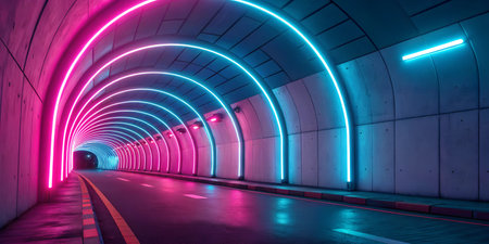 A road through a tunnel with pink and blue neon lights. Futuristic and vibrant.の写真素材