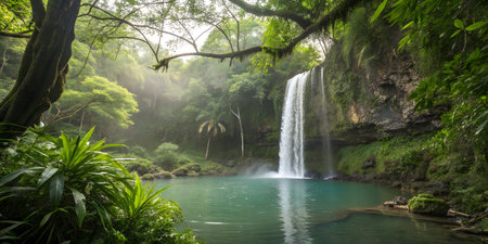 Serene waterfall cascading into a tranquil pool, surrounded by vibrant green rainforest foliage.