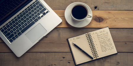 Overhead shot of a wooden table with a laptop, a cup of coffee, and a notebook with a pen.