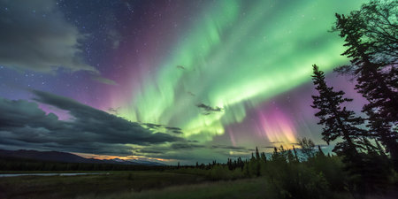 Vibrant aurora borealis display over a silhouetted mountain range at night. Stars are visible in the sky.の写真素材
