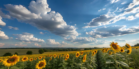 A field of sunflowers stretches to the horizon under a dramatic sky filled with fluffy cumulus clouds.の写真素材