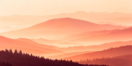 Layers of mountains and forests are bathed in the warm light of a sunrise, with mist adding to the ethereal beauty.の写真素材