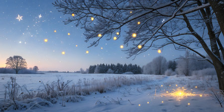 Glowing fireflies illuminate a snowy Christmas night scene, creating a magical atmosphere.の写真素材