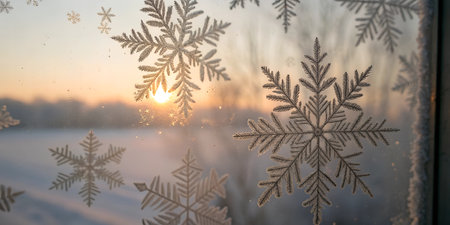 Close-up of an intricate snowflake pattern etched into a frosted glass surface. The pattern is...