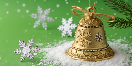 A golden Christmas bell adorned with frosted snowflakes, perfect for holiday themes.の写真素材