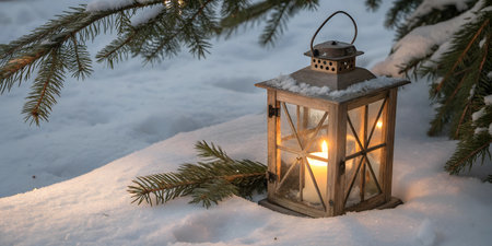 A rustic lantern sits on a snowy surface, emitting a warm, inviting glow. The scene is peaceful and serene, perfect for winter or holiday themes.の写真素材