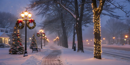 A picturesque snowy street adorned with twinkling Christmas lights and festive wreaths.の写真素材