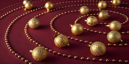 A spiral arrangement of golden Christmas ornaments on a rustic wood background. Festive and elegant.の写真素材