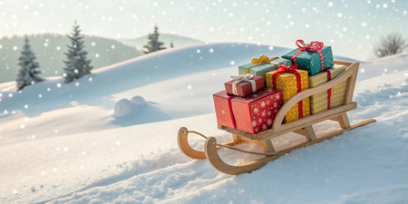 A small wooden sled is filled with colorful wrapped presents, perfect for a winter holiday scene.