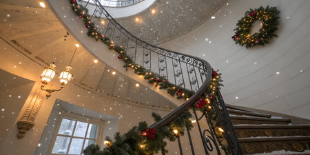 A spiral staircase adorned with lush Christmas garlands, creating a festive atmosphere.の写真素材