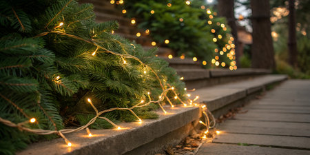 Golden fairy lights are wrapped around a lush green pine garland, creating a warm and festive...