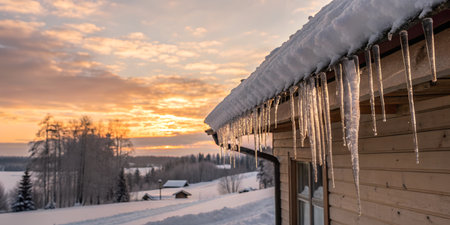 Icicles of various lengths hang from a snow-covered roof, glistening in the sunlight.の写真素材