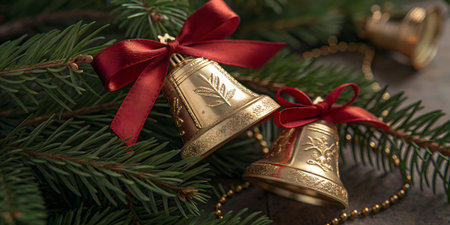 Close-up of golden Christmas bells tied with a red ribbon.