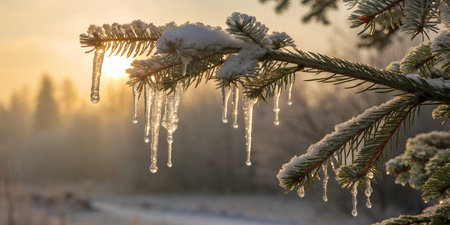 Shiny icicle ornaments adorn a frosted evergreen tree branch, creating a magical winter scene.の写真素材