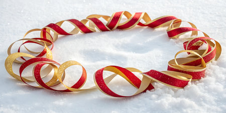 Red and gold ribbons curled and arranged in a decorative pattern, ideal for holiday or celebratory designs.の写真素材