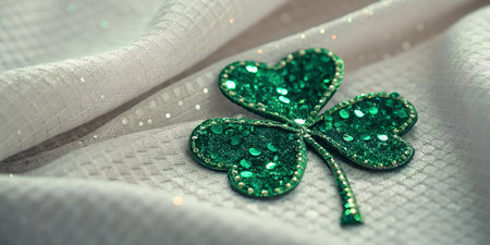 Close-up of a sparkly green shamrock resting on white fabric.  Perfect for St. Patrick's Day.の写真素材