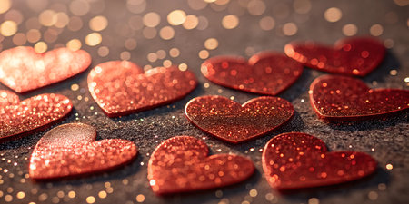 Red glitter hearts scattered on a dark background with sparkling bokeh. Perfect for Valentine's Day or romantic themes.の写真素材