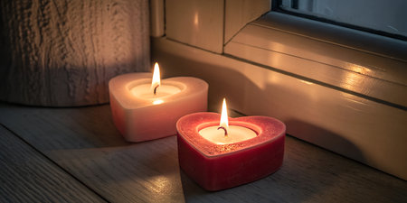 Two heart-shaped candles lit on a wooden windowsill, creating a warm and romantic ambiance.の写真素材