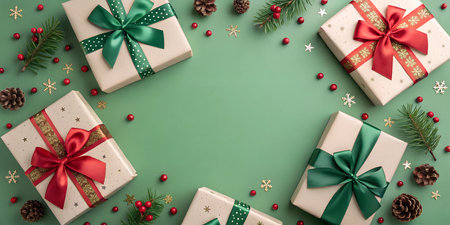 A top view of beautifully wrapped Christmas gift boxes tied with red and green ribbons. The festive colors and elegant presentation make it perfect for holiday themes.の写真素材
