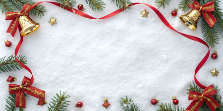 A festive background image with red and white bells hanging from a ribbon against a blurry bokeh background. Perfect for Christmas-themed designs.