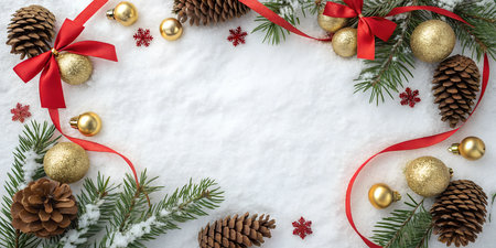 A festive Christmas border featuring pinecones, red ribbons, and holly sprigs, perfect for adding a...