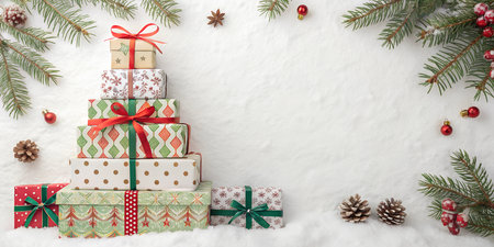 A Christmas-themed layout featuring a stack of wrapped presents, a festive garland, and a shimmering snowflake ornament.の写真素材