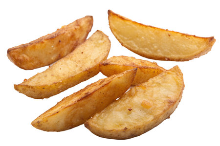 Golden brown potato wedges, seasoned and perfectly crispy. A delicious snack or side dish.の写真素材