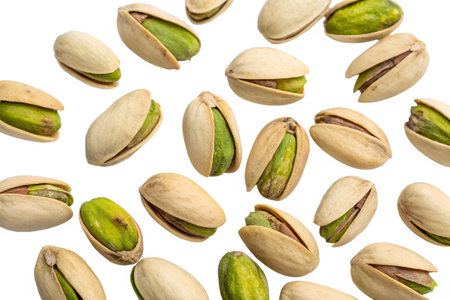 Many pistachios nuts on a black background.  Image suitable for food, healthy eating or snack themes.の写真素材