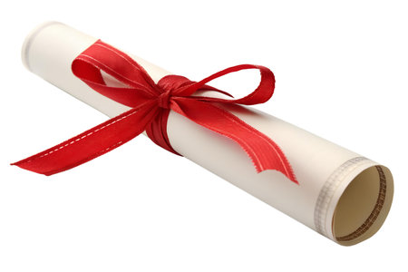 A rolled-up diploma tied with a red ribbon, signifying graduation or achievement.  A classic image for education.の写真素材