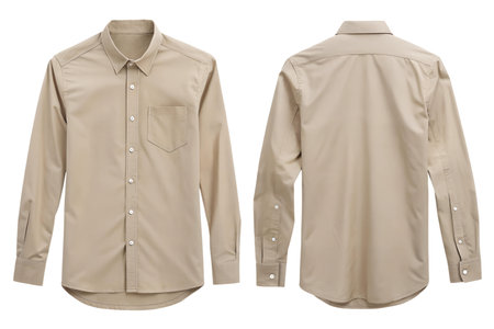 A close-up of a beige long sleeve button up shirt with a classic fit.の写真素材