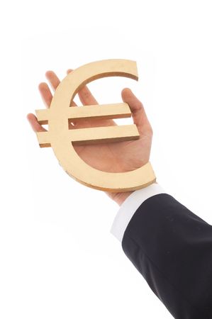 businessman holding euro sign on whiteの写真素材