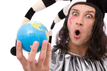 global communications concept with jester joker and globe