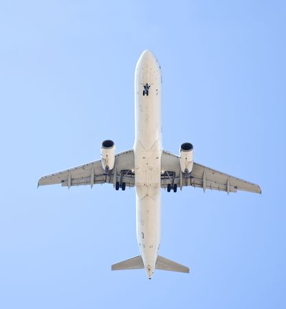 commercial airplane image from bottom on a sunny day