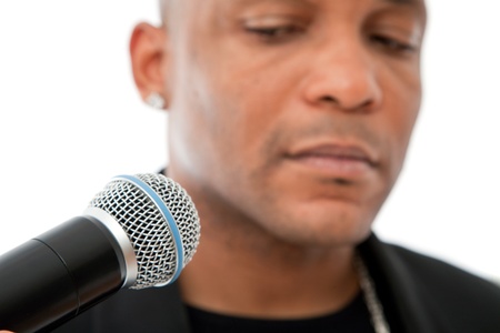 African American singer standing on a white backgroundの写真素材
