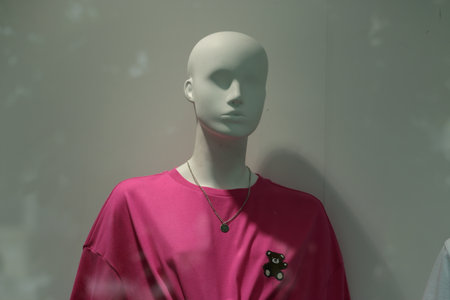 Mannequin wearing a pink shirt in a fashion shop window.の写真素材