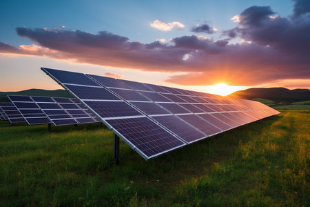 Photovoltaic panels for renewable electric production at sunset. Alternative energy source.の写真素材