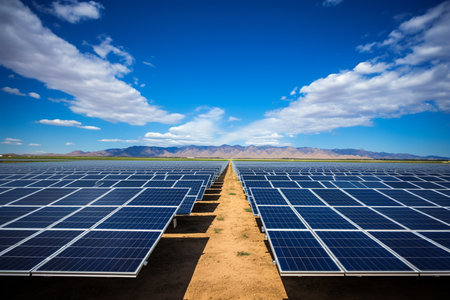 solar energy panels in the desert with blue sky and white cloudsの写真素材