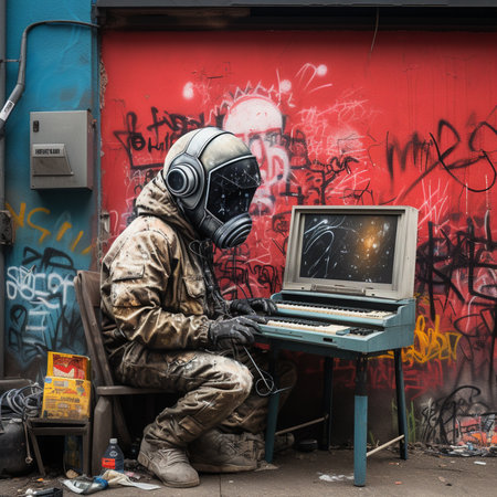 A man in a gas mask sits on the street with a computer in front of a graffiti wall.の写真素材
