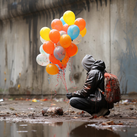 Little boy sitting on the ground with colorful balloons in the rain.の写真素材