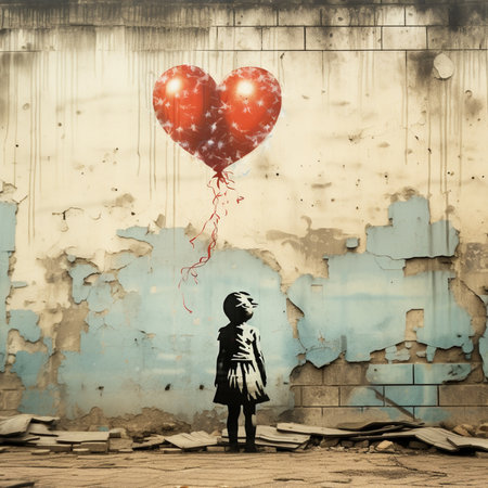Little girl with red heart shaped balloons on grunge wall background.の写真素材
