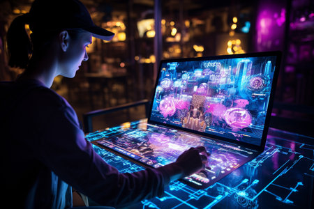 Cyber security concept. Young woman using a laptop on the background of the night city.の写真素材