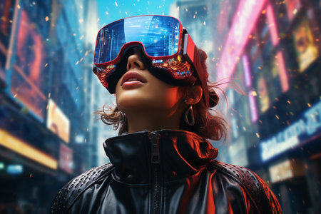 Portrait of a beautiful woman wearing virtual reality goggles in New York City.