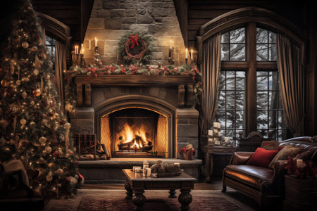 Interior of a living room with fireplace and Christmas tree.の写真素材