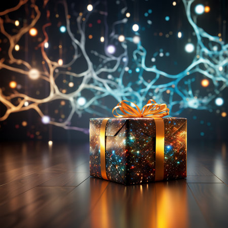 Gift box with christmas lights on background. 3d renderingの写真素材