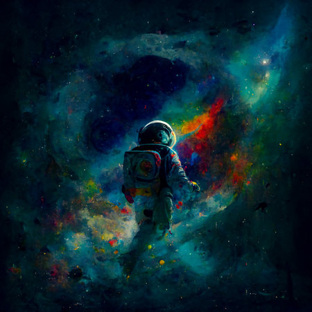 Astronaut in space against the background of a colorful galaxy.の写真素材