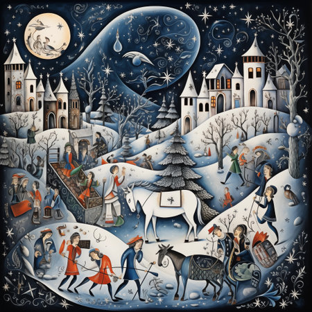 Christmas card with a fairy tale. Illustration on dark background.の素材