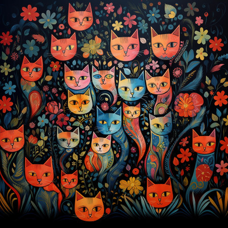 Vector illustration of cute cats on floral background. Can be used for wallpaper, pattern fills, web page background,surface textures.の素材
