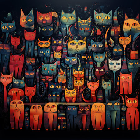 Illustration of a group of cats with different emotions on a dark backgroundの素材