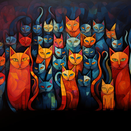 Group of multicolored cats on a dark background. Vector illustration.の写真素材