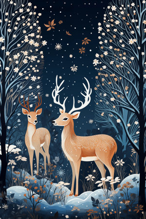 Deer in the forest at night. Vector illustration for greeting card.の写真素材